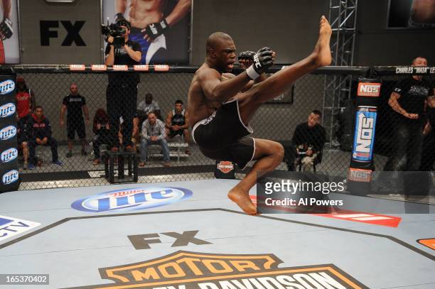 Uriah Hall reacts after knocking out Robert "Bubba" McDaniel in their quarterfinal fight during filming for season seventeen of The Ultimate Fighter...