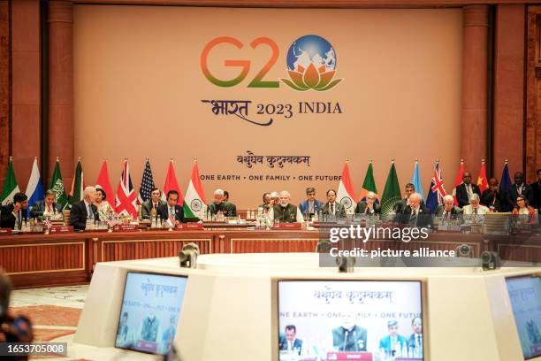 September 2023, India, Neu Delhi: Narendra Modi, Prime Minister of India, opens the first working session at the G20 Summit with the theme "One...