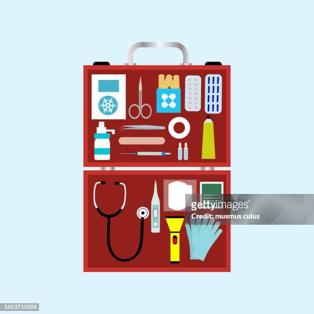 top view of bag with neatly placed first aid medical equipment - cotton bud stock illustrations