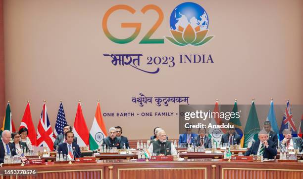 General view of hall as Indian Prime Minister Narendra Modi addresses to the G20 Summit at ITPO Convention Centre Pragati Maidan in New Delhi, India,...