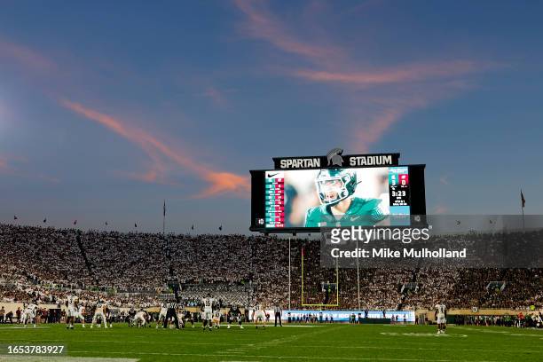 General view as the sun sets during a game between the Central Michigan Chippewas and the Michigan State Spartans at Spartan Stadium on September 01,...