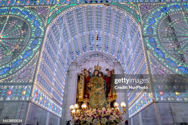 Simulacrum of Our Lady of Martyrs under the illuminations during the patronal feast in Molfetta on September 8, 2023. At the conclusion of the...