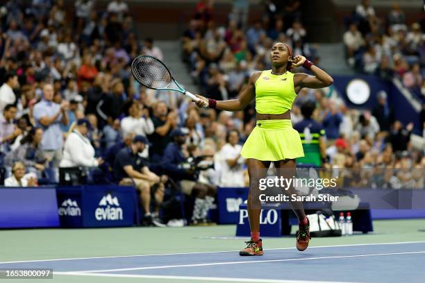 Coco Gauff of the United States celebrates after winning the second set against Elise Mertens of Belgium during their Women's Singles Third Round...
