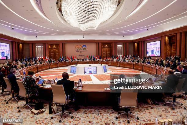 Leaders of the G20 nations attend the second working session of the G20 Leaders' Summit at Bharat Mandapam in New Delhi on September 9, 2023.