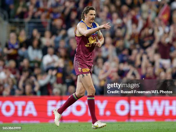 Joe Daniher of the Lions celebrates a goal during the 2023 AFL Second Qualifying Final match between the Brisbane Lions and the Port Adelaide Power...