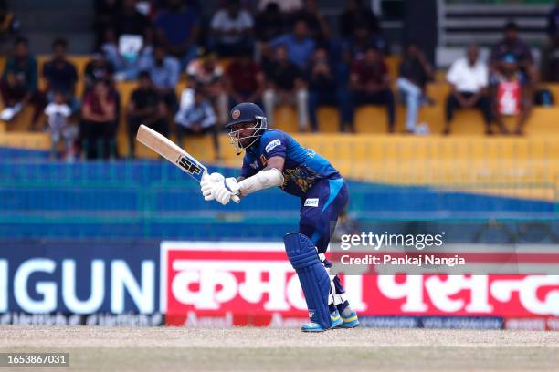 Kusal Mendis of Sri Lanka plays a shot during the Asia Cup match between Sri Lanka and Bangladesh at R. Premadasa Stadium on September 9, 2023 in...