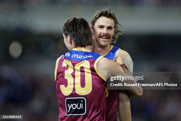 Joe Daniher of the Lions celebrates a goal during the 2023 AFL Second Qualifying Final match between the Brisbane Lions and the Port Adelaide Power...