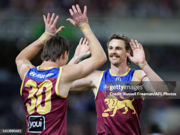 Joe Daniher of the Lions celebrates a goal during the 2023 AFL Second Qualifying Final match between the Brisbane Lions and the Port Adelaide Power...