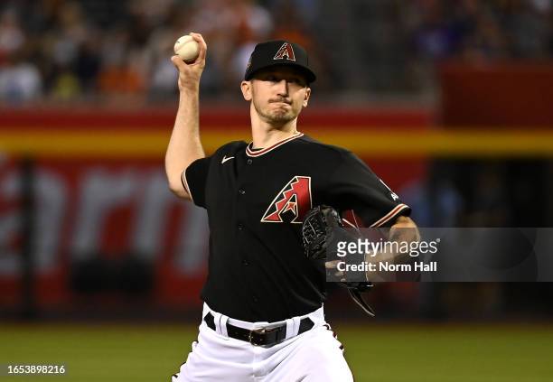 Zach Davis of the Arizona Diamondbacks delivers a first inning pitch against the Baltimore Orioles at Chase Field on September 01, 2023 in Phoenix,...