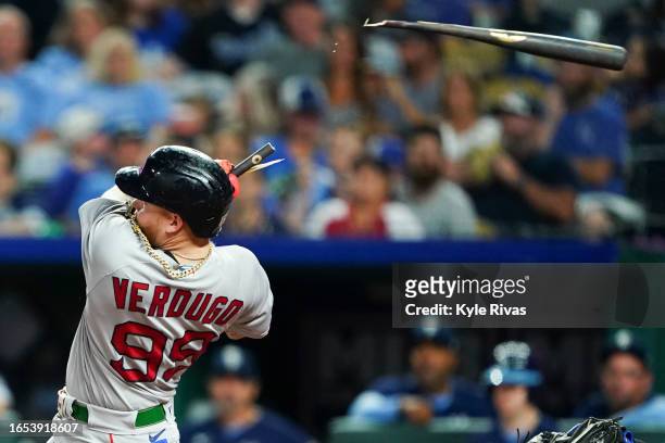 Alex Verdugo of the Boston Red Sox breaks his bat on a Kansas City Royals pitch during the fifth inning at Kauffman Stadium on September 1, 2023 in...