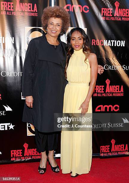 Activists Angela Davis and executive producer Jada Pinkett Smith attend "Free Angela and All Political Prisoners" New York Premiere at The Schomburg...