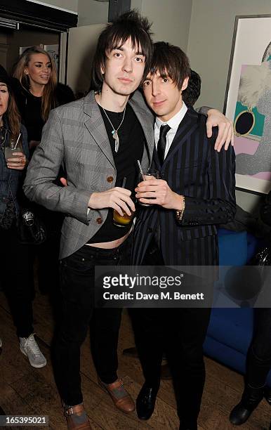 Jeff Wootton and Miles Kane attend event planner Paul Rowe's 40th birthday party at The Groucho Club on April 3, 2013 in London, England.