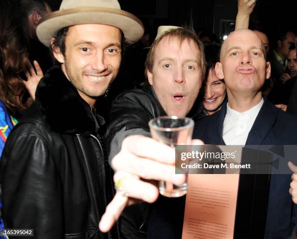 Dan Macmillan, Rhys Ifans and Paul Rowe attend event planner Paul Rowe's 40th birthday party at The Groucho Club on April 3, 2013 in London, England.