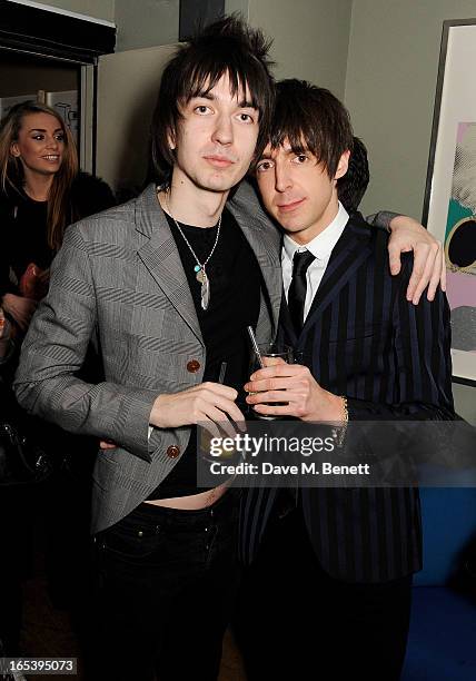 Jeff Wootton and Miles Kane attend event planner Paul Rowe's 40th birthday party at The Groucho Club on April 3, 2013 in London, England.