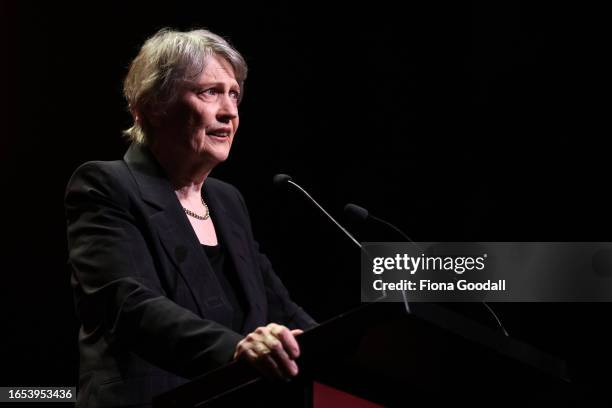 Former New Zealand Prime Minister Helen Clark speaks ahead of Prime Minister Chris Hipkins arrival to launch Labour's election campaign at the Aotea...