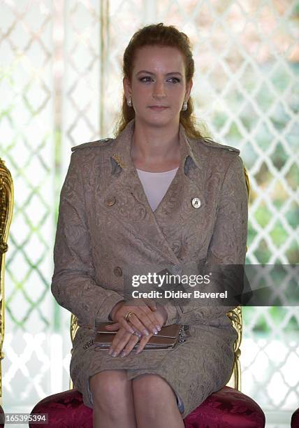 Princess Lalla Salma attends the welcome ceremony of President Francois Hollande at Casablanca palace, on April 3, 2013 in Casablanca, Morocco.