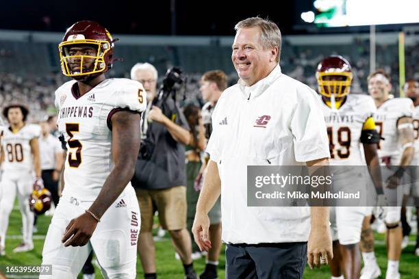 Head coach Jim McElwain of the Central Michigan Chippewas walks off the field after the Chippewas lost to the Michigan State Spartans, 31-7, at...