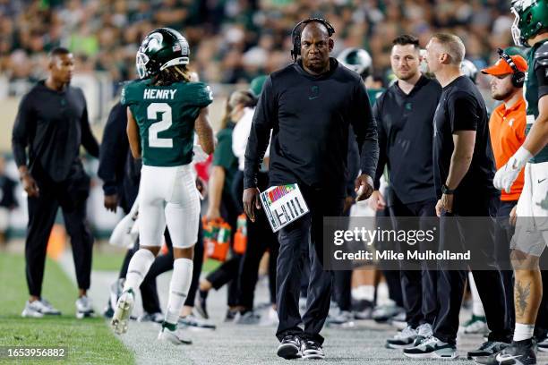 Head coach Mel Tucker of the Michigan State Spartans looks on in the fourth quarter of a game against the Central Michigan Chippewas at Spartan...