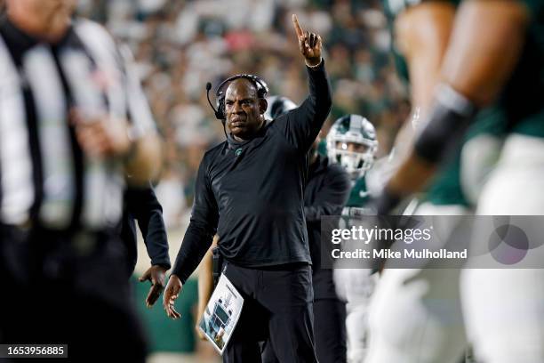 Head coach Mel Tucker of the Michigan State Spartans reacts after a play in the fourth quarter of a game against the Central Michigan Chippewas at...