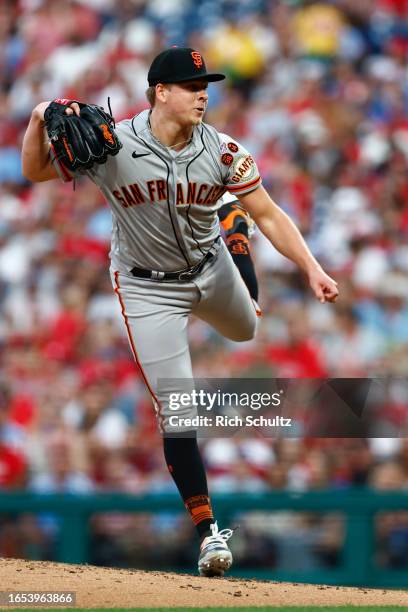 Kyle Harrison of the San Francisco Giants in action against the Philadelphia Phillies during a game at Citizens Bank Park on August 22, 2023 in...
