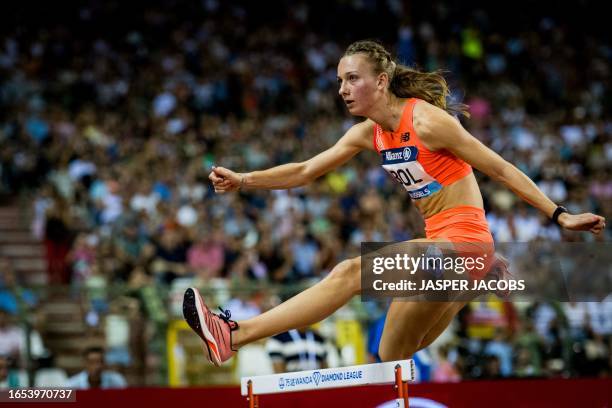 Dutch Femke Bol pictured in action during the women's 400m hurdles race, at the 2023 edition of the Memorial Van Damme Diamond League meeting...