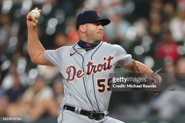 Alex Lange of the Detroit Tigers delivers a pitch during the ninth inning against the Chicago White Sox at Guaranteed Rate Field on September 01,...