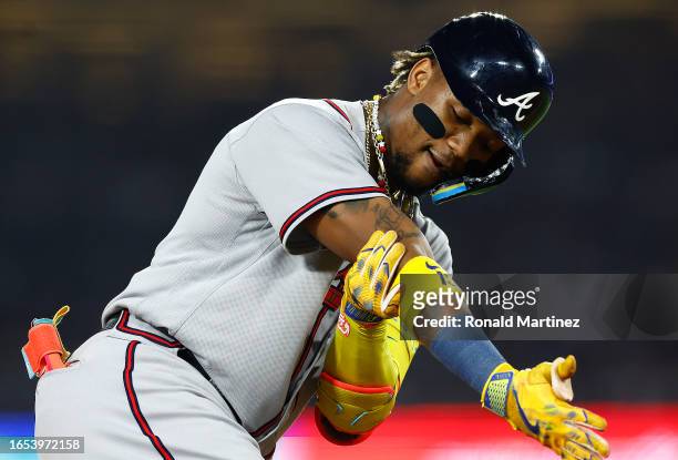 Ronald Acuna Jr. #13 of the Atlanta Braves after hitting a home run against the Los Angeles Dodgers in the third inning at Dodger Stadium on...
