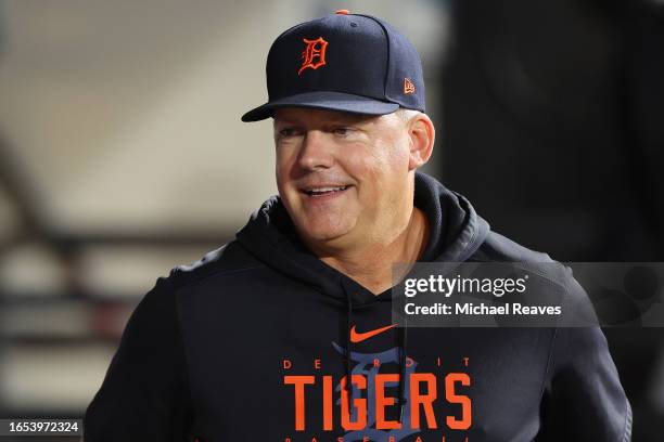 Hinch of the Detroit Tigers looks on against the Chicago White Sox at Guaranteed Rate Field on September 01, 2023 in Chicago, Illinois.