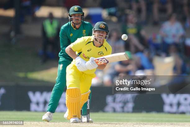 David Warner of Australia during the 2nd Betway One Day International match between South Africa and Australia at Mangaung Oval on September 09, 2023...