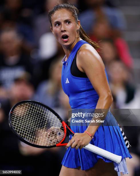 Daria Kasatkina reacts against Sofia Kenin of the United States during their Women's Singles Second Round match on Day Four of the 2023 US Open at...