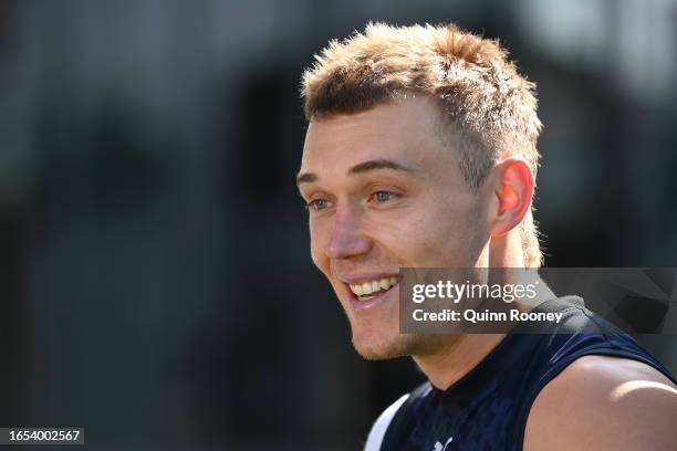 Patrick Cripps of the Blues talks to the media during a Carlton Blues AFL training session at Ikon Park on September 02, 2023 in Melbourne, Australia.