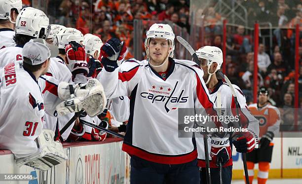 John Carlson of the Washington Capitals celebrates a goal against the Philadelphia Flyers on March 31, 2013 at the Wells Fargo Center in...