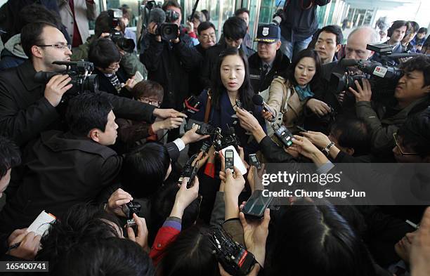 South Korean worker Kwon Suk-Mi, arriving from the Kaesong Kaesong joint industrial complex in North Korea, is speaks to reporters at the...