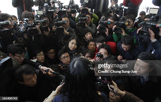 South Korean worker Kwon Suk-Mi, arriving from the Kaesong Kaesong joint industrial complex in North Korea, is speaks to reporters at the...