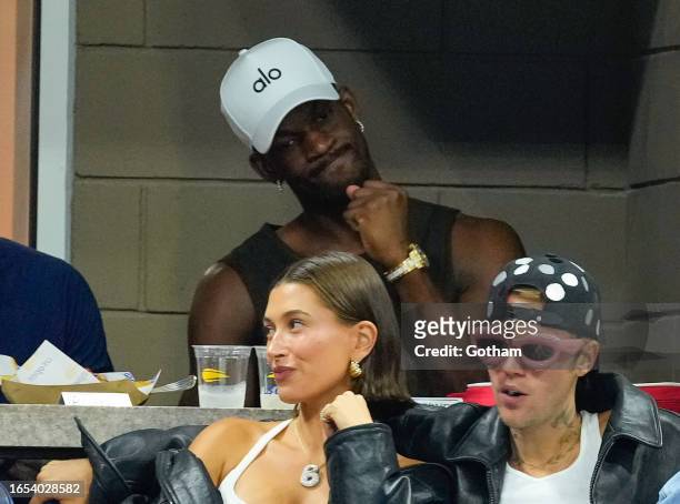 Jimmy Butler, Hailey Bieber and Justin Bieber are seen at the 2023 US Open Tennis Championships on September 01, 2023 in New York City.