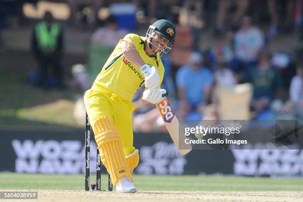 David Warner of Australia during the 2nd Betway One Day International match between South Africa and Australia at Mangaung Oval on September 09, 2023...