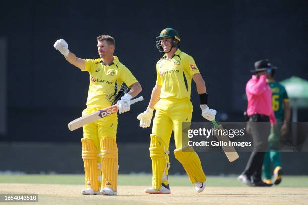 David Warner of Australia getting his 100 during the 2nd Betway One Day International match between South Africa and Australia at Mangaung Oval on...