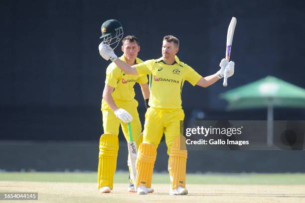 David Warner of Australia getting his 100 during the 2nd Betway One Day International match between South Africa and Australia at Mangaung Oval on...