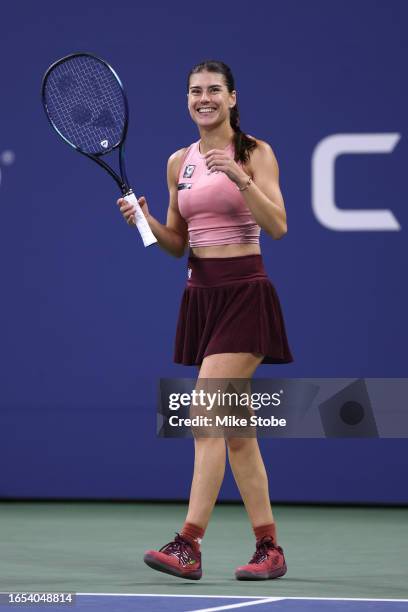 Sorana Cirstea of Romania celebrates after defeating Elena Rybakina of Kazakhstan during their Women's Singles Third Round match on Day Five of the...
