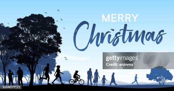 stockillustraties, clipart, cartoons en iconen met summer christmas in the park poster - family cycling