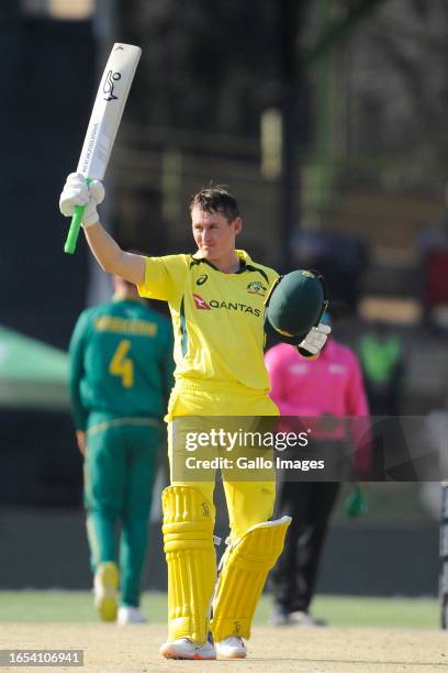 Marnus Labuschagne of Australia getting his 100 during the 2nd Betway One Day International match between South Africa and Australia at Mangaung Oval...