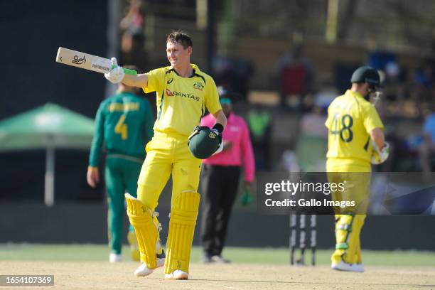 Marnus Labuschagne of Australia getting his 100 during the 2nd Betway One Day International match between South Africa and Australia at Mangaung Oval...