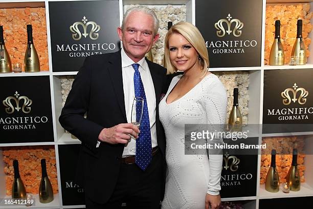 Host and partner Magnifico Giornata, Carrie Keagan and Gautier Valdronne attend the launch party for Magnifico Giornata at Brasserie Beaumarchais on...