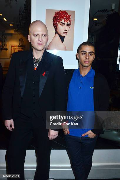 Ali Mahdavi and Djanis Bouzyani attend the Angels VS AIDS Exhibition Preview Cocktail at Hotel W on April 3, 2013 in Paris, France.