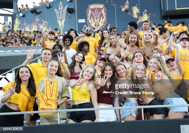 Students pose for a photo with their pitchforks up during the first half of the Arizona State Sun Devils vs the Southern Utah Thunderbirds football...
