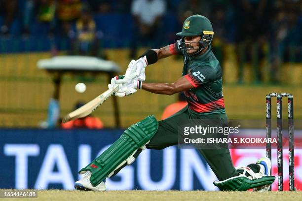 Bangladesh's Mohammad Naim plays a shot during the Asia Cup 2023 super four one-day international cricket match between Sri Lanka and Bangladesh at...