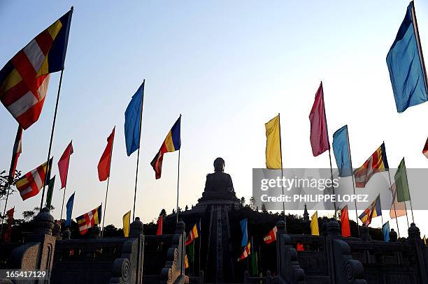 Buddhist flags are seen floating at the touristic site of the Tian Tan Buddha on Lantau Island in Hong Kong on February 28, 2008. According recent...