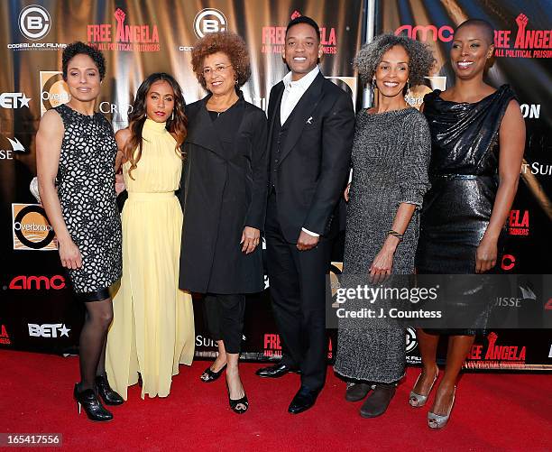 Director Shola Lynch, executive producer Jada Pinkett Smith, activists Angela Davis, actor/rapper Will Smith, Fania Davis and Sidra Smith attend...