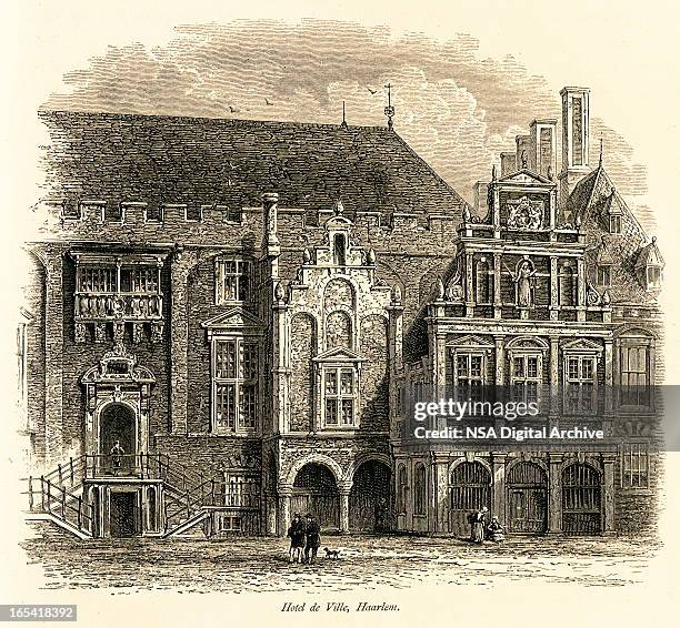 city hall, haarlem, den niederlanden (alte holz gravur) - holländische kultur stock-grafiken, -clipart, -cartoons und -symbole
