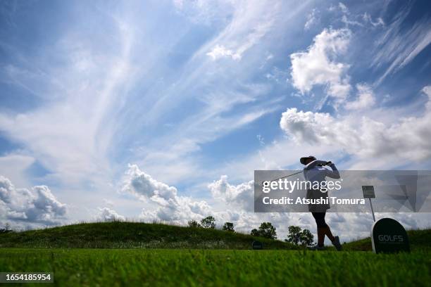 Sakura Yokomine of Japan hits her tee shot on the 5th hole during the second round of GOLF5 Ladies at GOLF5 Country Bibai Course on September 2, 2023...